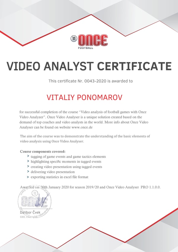 VITALIY PONOMAROV Once Video Certification